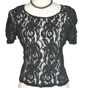 INC International Concepts Y2K Black Sheer Lace Floral Top Womens M Dark Fairy